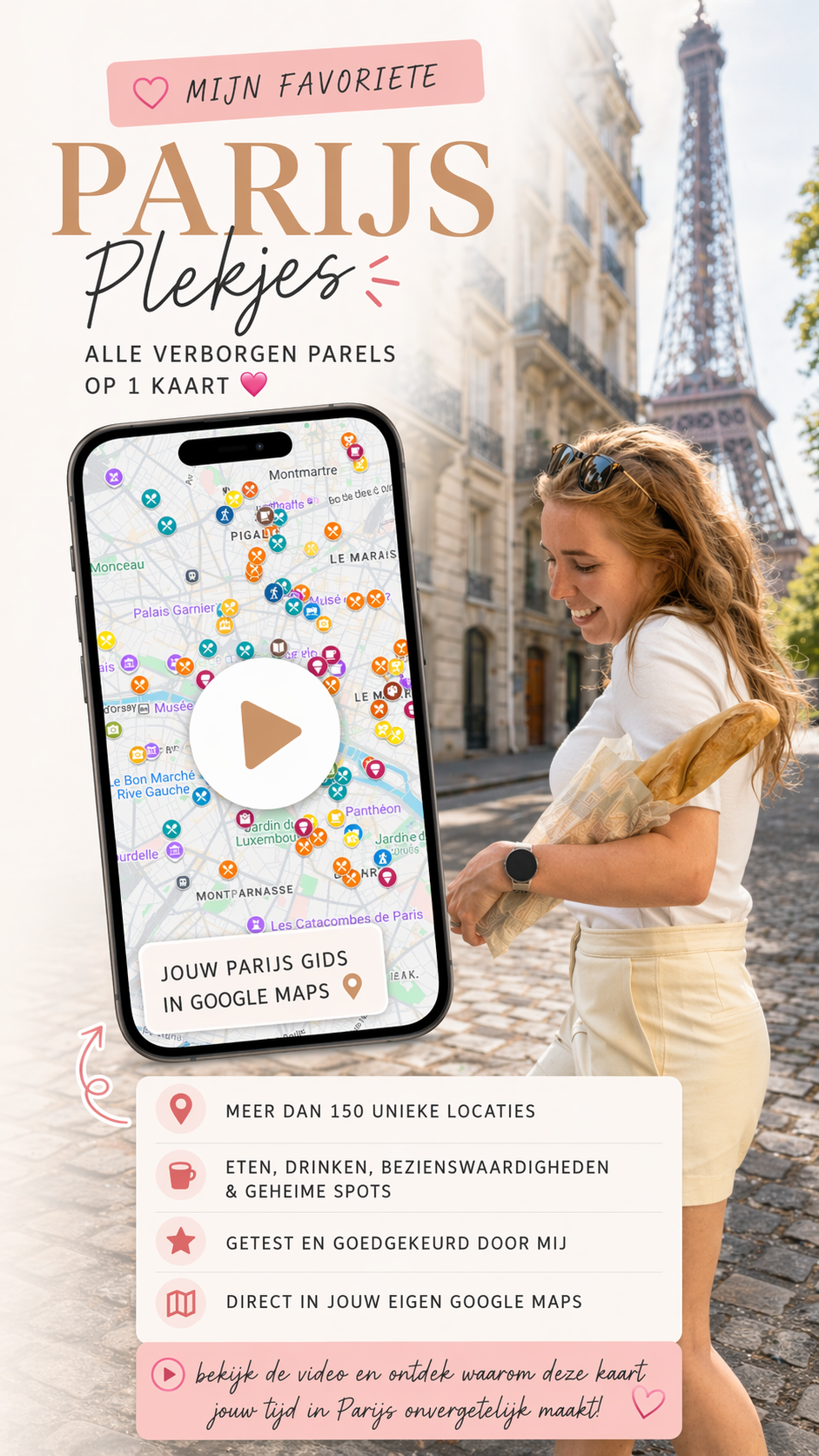 Eline met de Parijs Google Maps kaart op haar telefoon